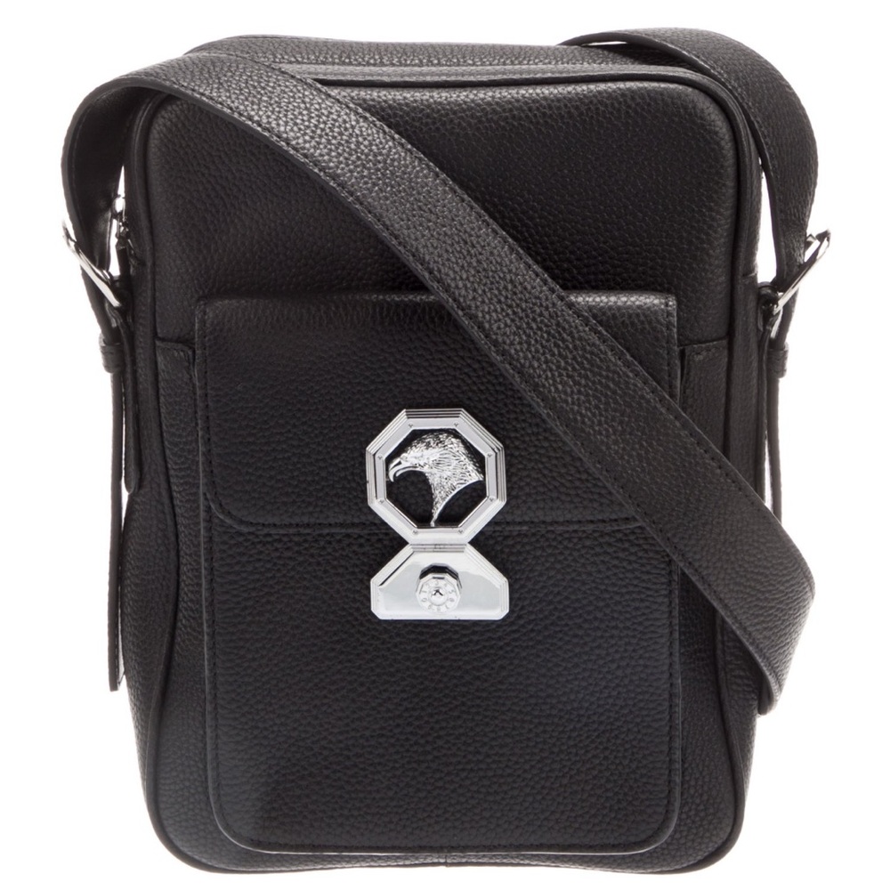 Stefano Ricci Black Calf Pebble Leather Shoulder Messenger Bag Silver Hardware